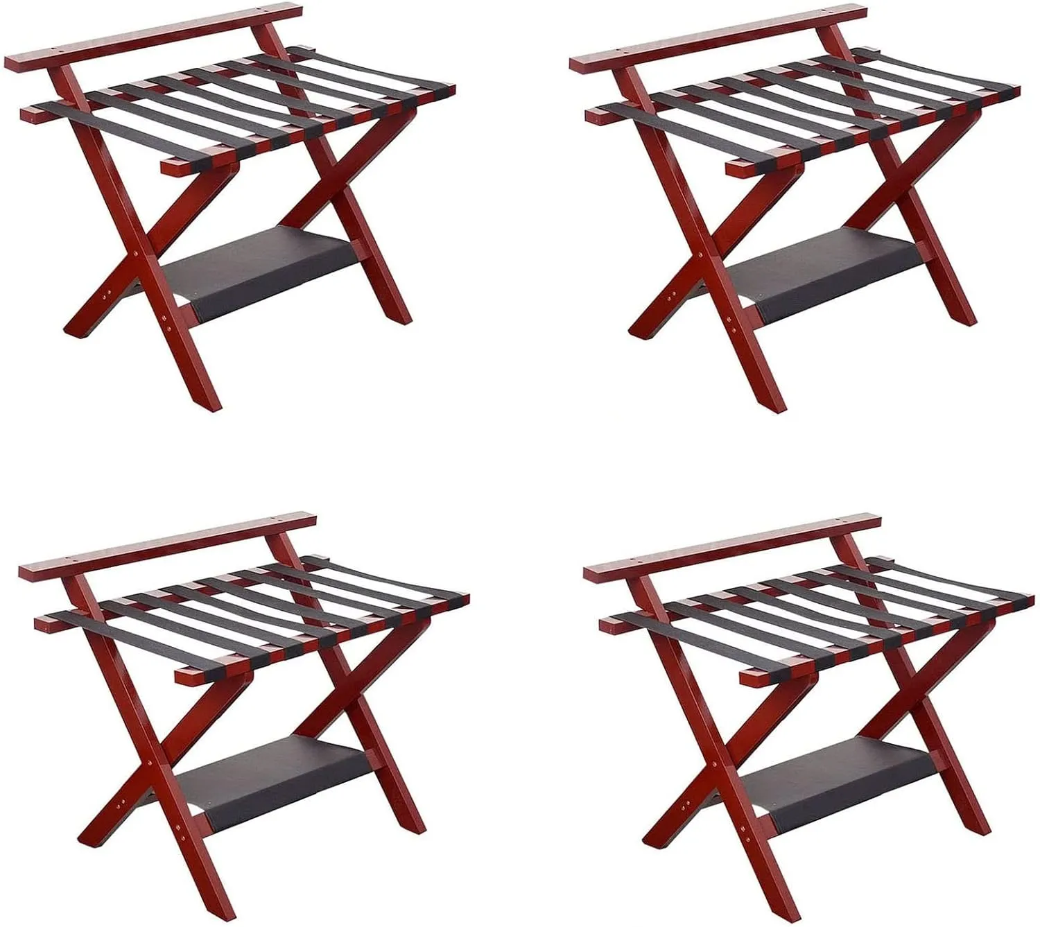 Pack of 4 Foldable Luggage Stands - Wooden Suitcase Racks with Storage Shelf for Hotels, Guest Rooms, Travel, and Home Use(Wine Red)