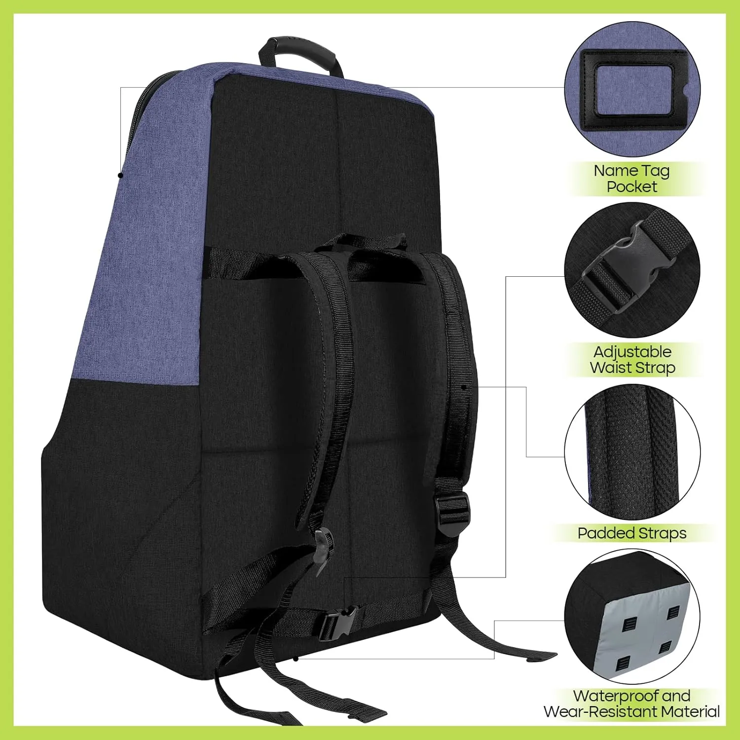 Padded Car Seat Travel Bag for Airplane, Heavy Duty Backpack for Air Travel, Water-Resistant Carrier with Shoulder Strap, Fits Most Car Seats (Blue Black)