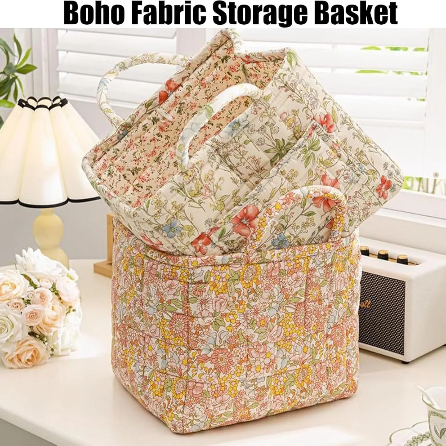 Parkeenn Boho Fabric Storage Basket, Parkeenn Large Capacity Decorative Storage Baskets with Handle, Portable Folding Bag for Clothes and Sundries, Foldable Clothes Hamper for Home, Bedroom (J)