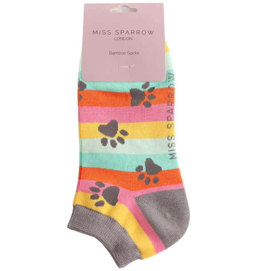 Paw Prints and Stripes Bamboo Trainer Socks in Brights Miss Sparrow, Size UK 4-7
