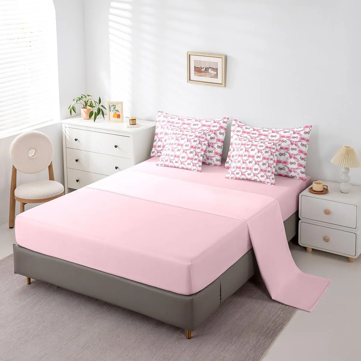 Pink Bowknot 7 Pieces Bedding Set Queen,Princess Bow-tie Fairy Tale Vintage Flowers Bed in a Bag for Teens,Geometric Crossed Stripes Grids Romantic Comforter Set with Sheets,Pillow Covers