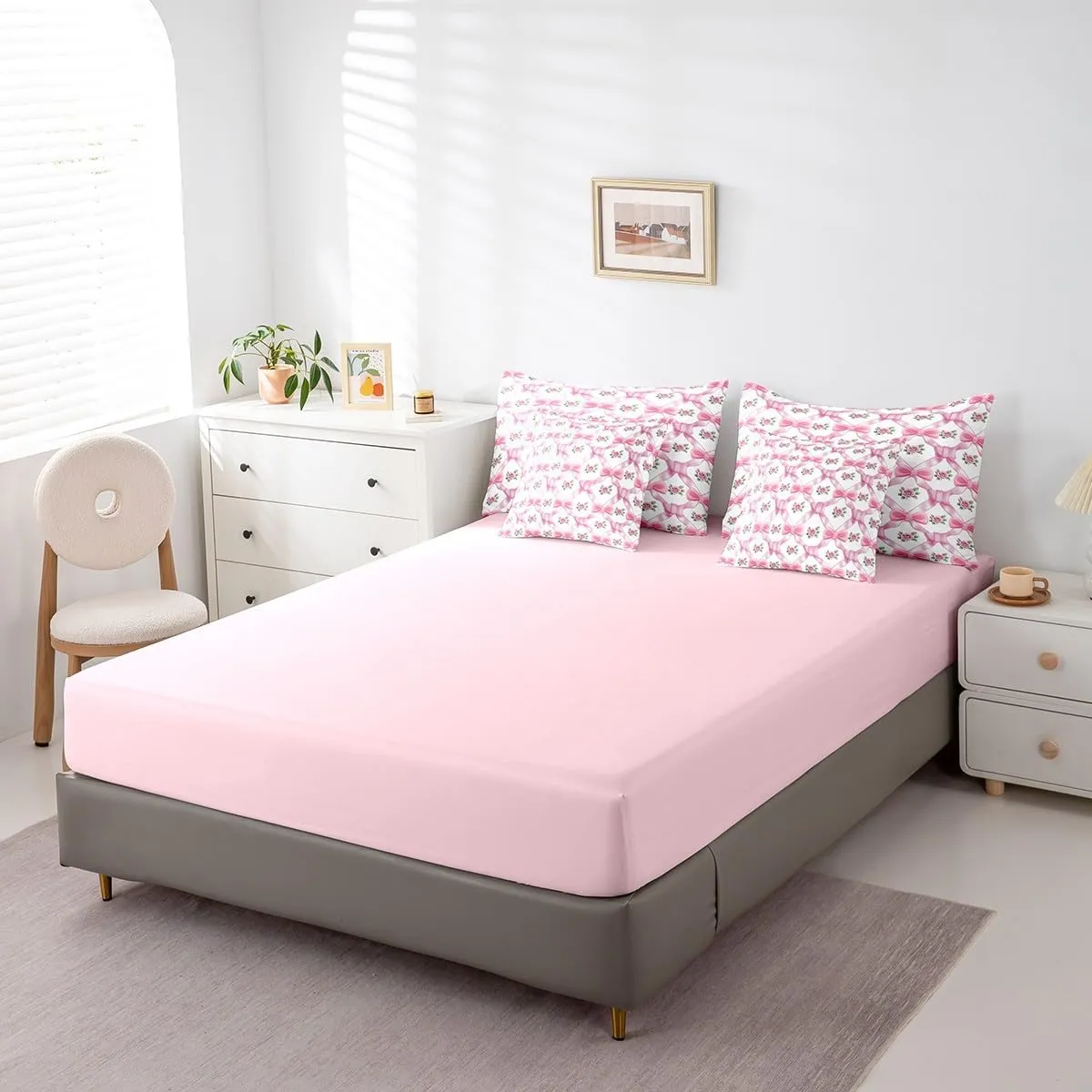 Pink Bowknot 7 Pieces Bedding Set Queen,Princess Bow-tie Fairy Tale Vintage Flowers Bed in a Bag for Teens,Geometric Crossed Stripes Grids Romantic Comforter Set with Sheets,Pillow Covers