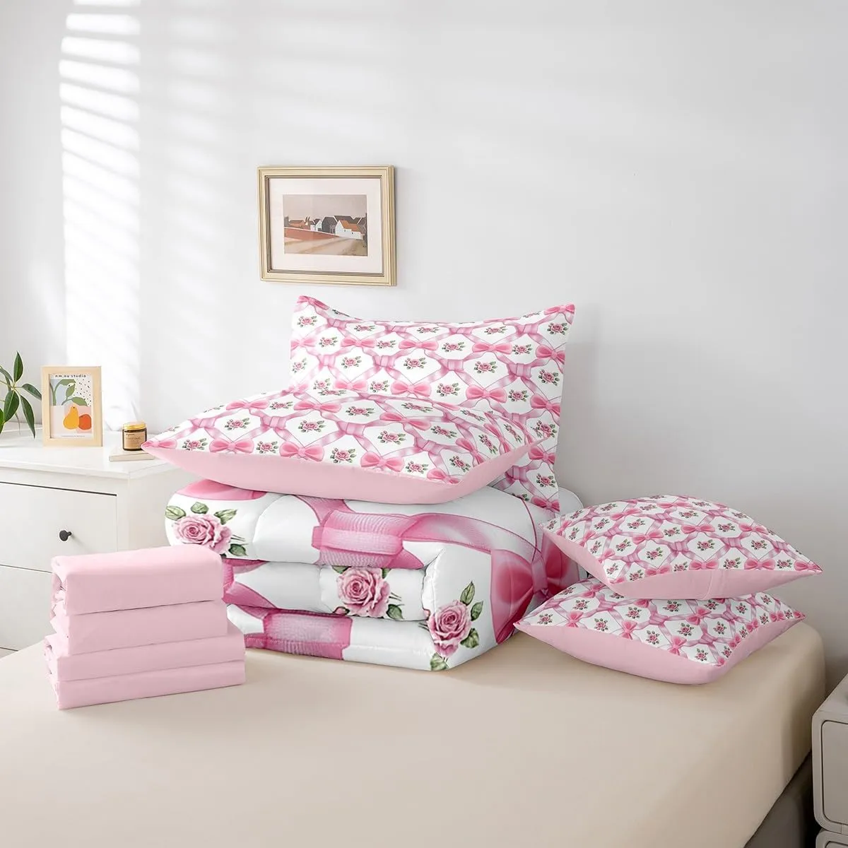 Pink Bowknot 7 Pieces Bedding Set Queen,Princess Bow-tie Fairy Tale Vintage Flowers Bed in a Bag for Teens,Geometric Crossed Stripes Grids Romantic Comforter Set with Sheets,Pillow Covers