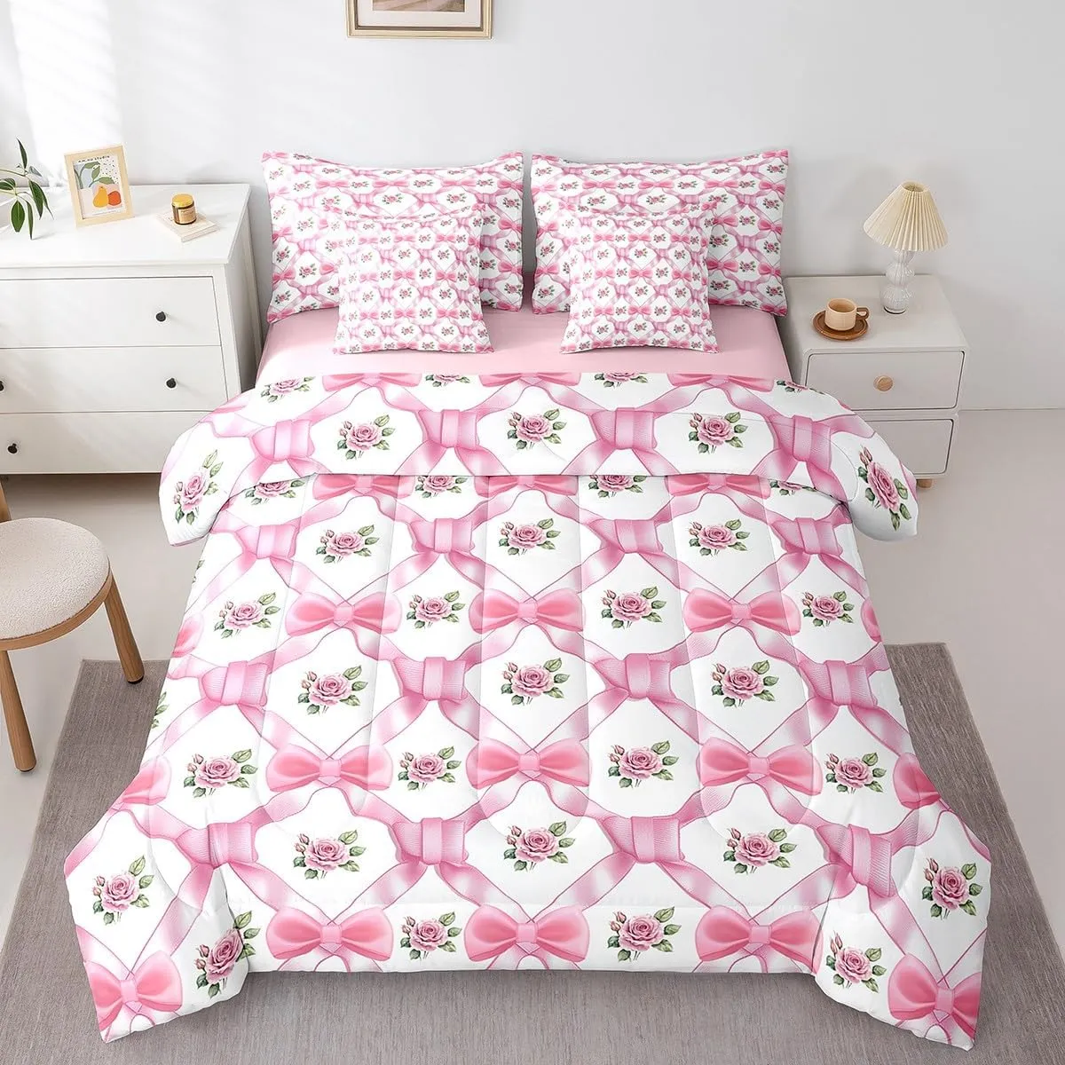 Pink Bowknot 7 Pieces Bedding Set Queen,Princess Bow-tie Fairy Tale Vintage Flowers Bed in a Bag for Teens,Geometric Crossed Stripes Grids Romantic Comforter Set with Sheets,Pillow Covers