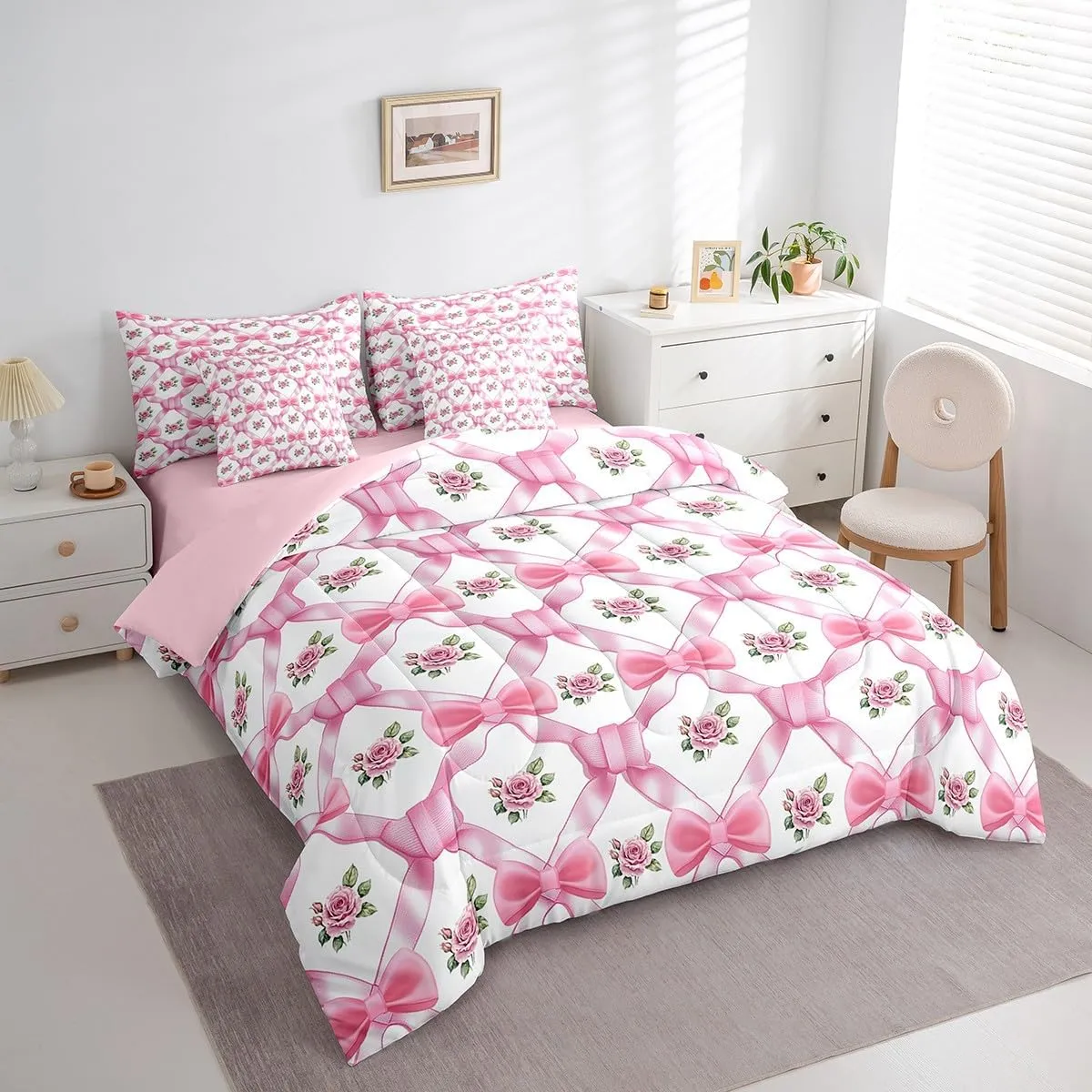 Pink Bowknot 7 Pieces Bedding Set Queen,Princess Bow-tie Fairy Tale Vintage Flowers Bed in a Bag for Teens,Geometric Crossed Stripes Grids Romantic Comforter Set with Sheets,Pillow Covers