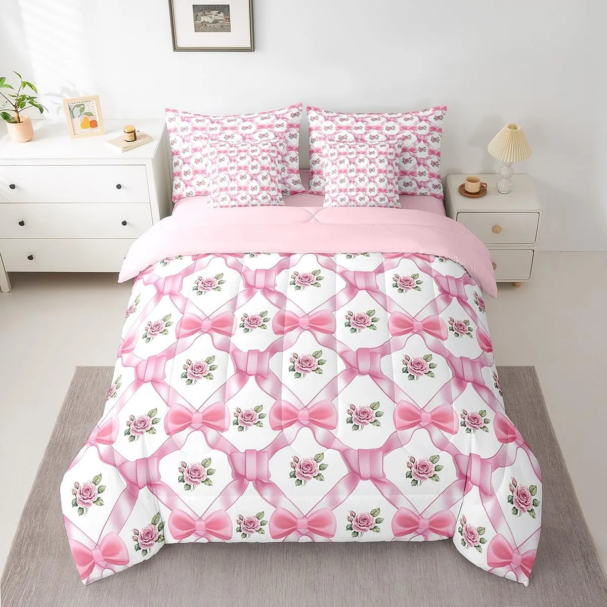 Pink Bowknot 7 Pieces Bedding Set Queen,Princess Bow-tie Fairy Tale Vintage Flowers Bed in a Bag for Teens,Geometric Crossed Stripes Grids Romantic Comforter Set with Sheets,Pillow Covers