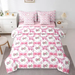 Pink Bowknot 7 Pieces Bedding Set Queen,Princess Bow-tie Fairy Tale Vintage Flowers Bed in a Bag for Teens,Geometric Crossed Stripes Grids Romantic Comforter Set with Sheets,Pillow Covers