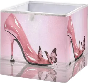 Pink High Heels Foldable Collapsible Storage Box Bins,11x11x11 Inch Cubes Baskets Fabric Storage Bins with Handles for Shelves Nursery Closet Home Decor