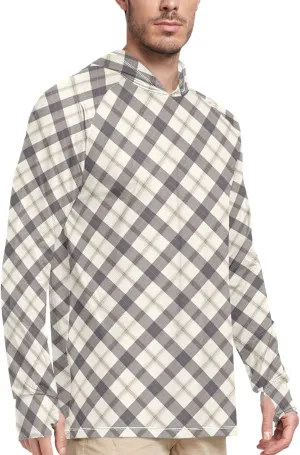 Plaid Gingham Check Sun Shirt Hoodie for Men Long Sleeve UPF 50   Sun Shirt with Hood Sailing Rash Guard Rash Guard Hooded