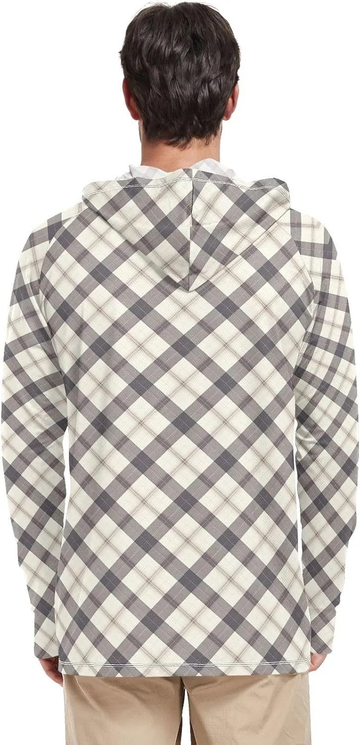Plaid Gingham Check Sun Shirt Hoodie for Men Long Sleeve UPF 50   Sun Shirt with Hood Sailing Rash Guard Rash Guard Hooded