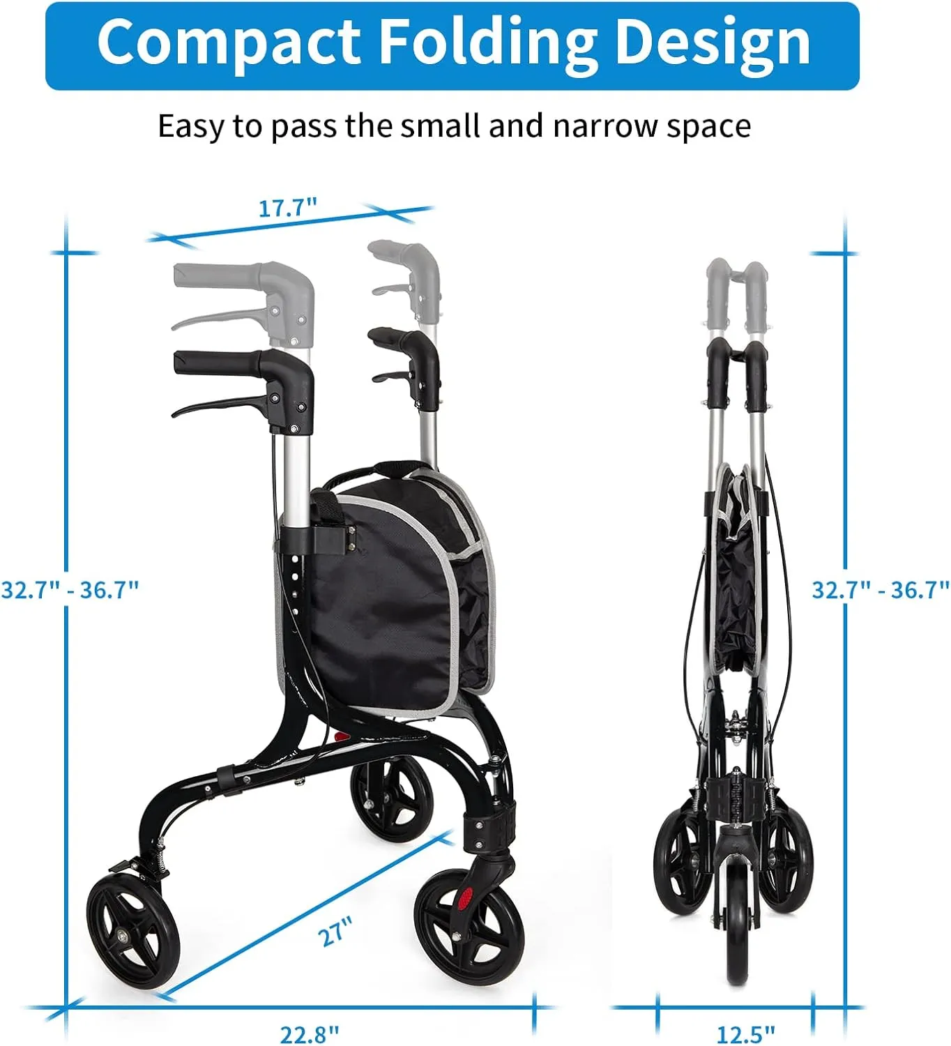 Planetwalk Premium 3 Wheel Rollator Walker for Seniors - Ultra Lightweight Foldable Walker for Elderly, Aluminum Three Wheel Mobility Aid, Black