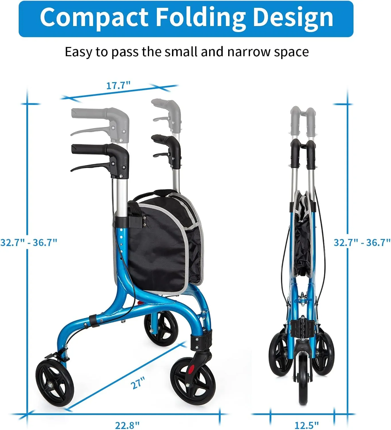 Planetwalk Premium 3 Wheel Rollator Walker for Seniors - Ultra Lightweight Foldable Walker for Elderly, Aluminum Three Wheel Mobility Aid, Brilliant Blue