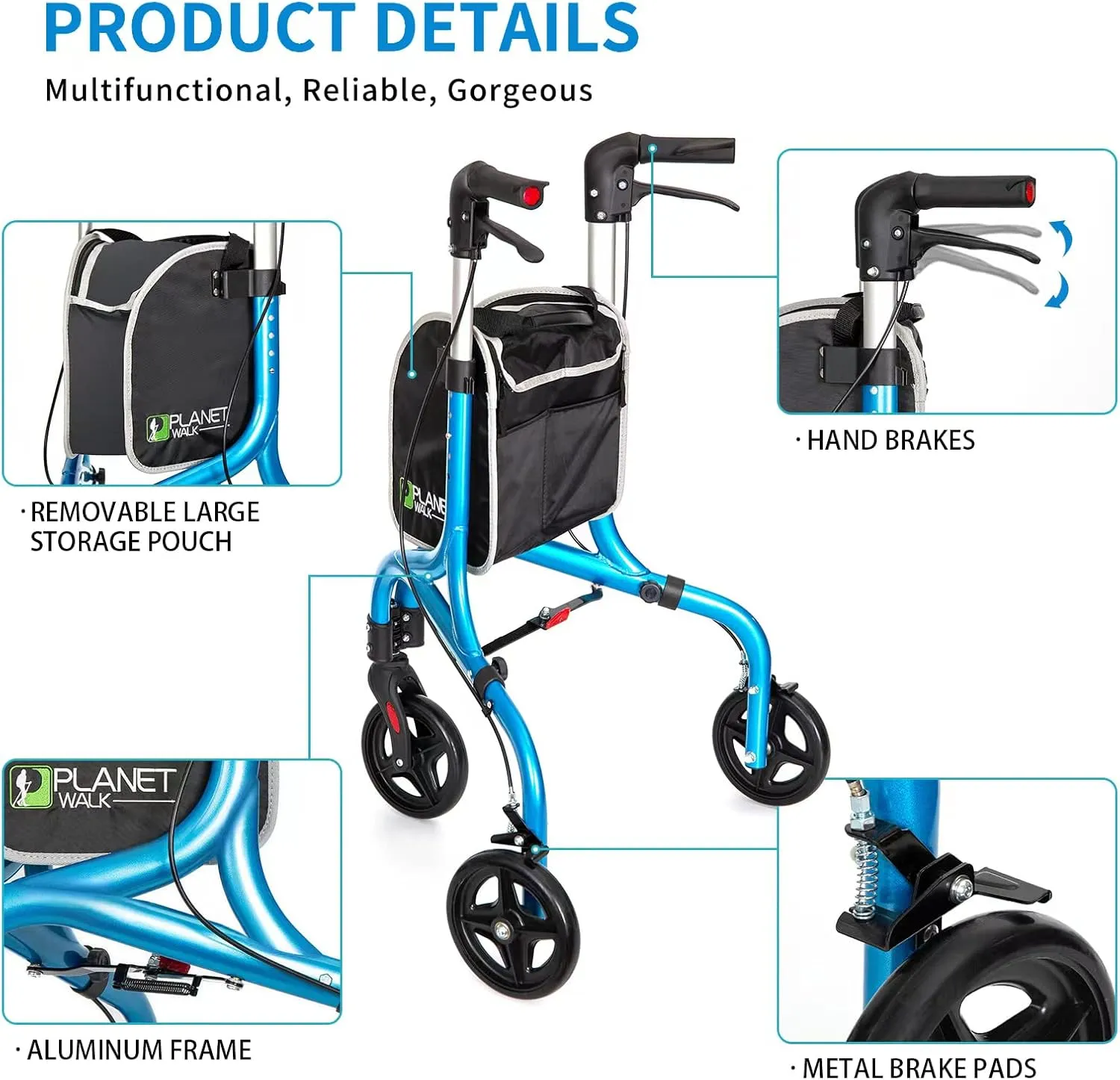 Planetwalk Premium 3 Wheel Rollator Walker for Seniors - Ultra Lightweight Foldable Walker for Elderly, Aluminum Three Wheel Mobility Aid, Brilliant Blue