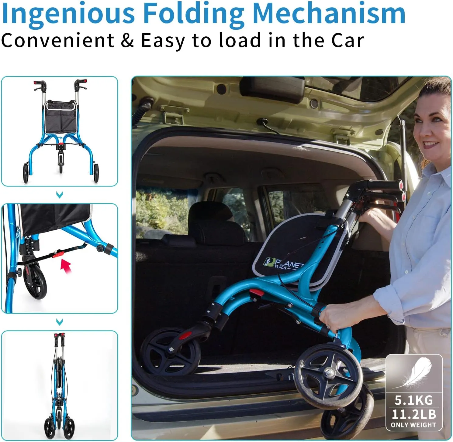 Planetwalk Premium 3 Wheel Rollator Walker for Seniors - Ultra Lightweight Foldable Walker for Elderly, Aluminum Three Wheel Mobility Aid, Brilliant Blue
