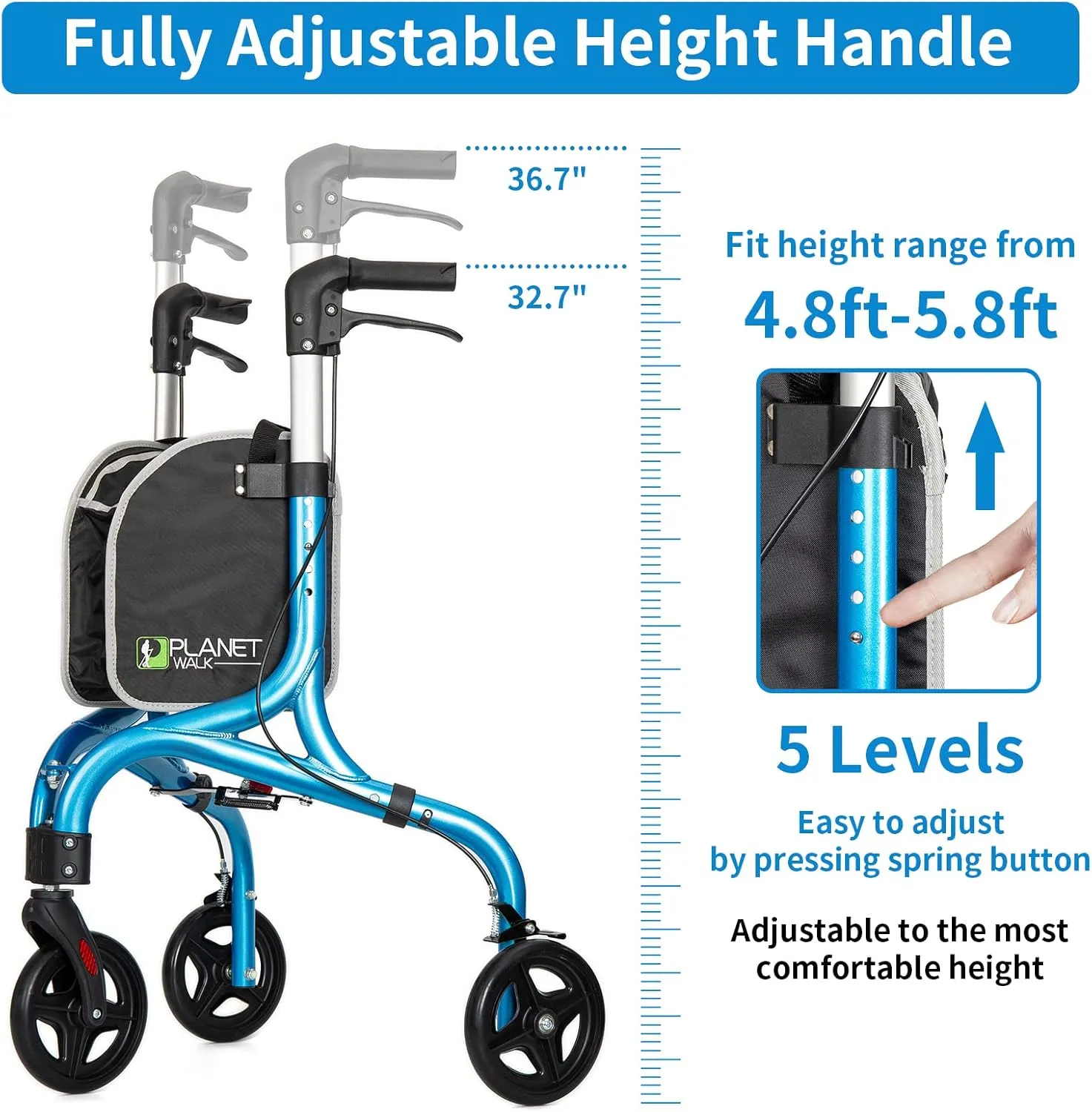 Planetwalk Premium 3 Wheel Rollator Walker for Seniors - Ultra Lightweight Foldable Walker for Elderly, Aluminum Three Wheel Mobility Aid, Brilliant Blue