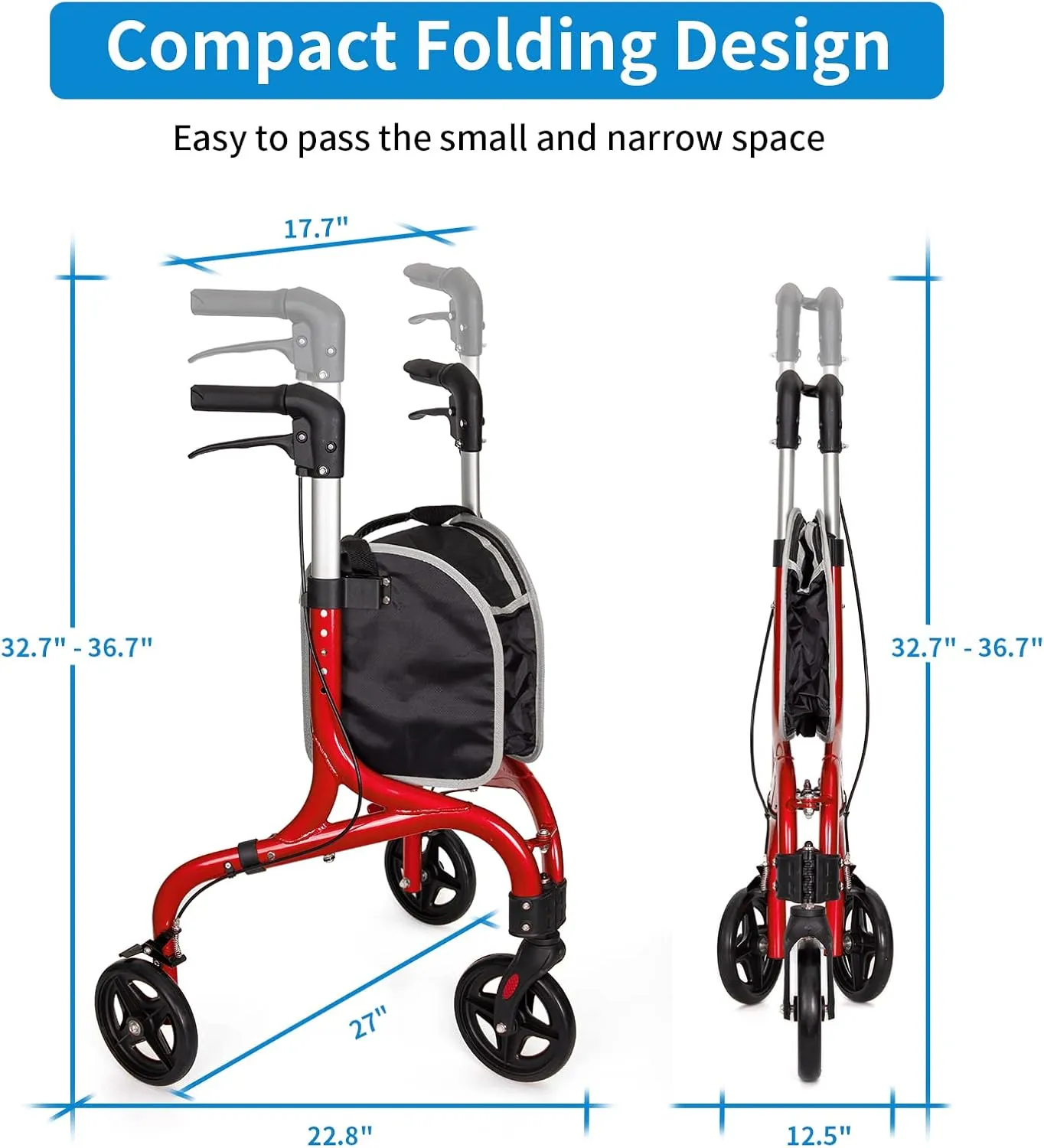 Planetwalk Premium 3 Wheel Rollator Walker for Seniors - Ultra Lightweight Foldable Walker for Elderly, Aluminum Three Wheel Mobility Aid, Brilliant Red