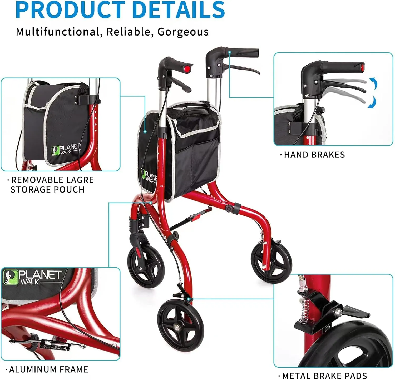 Planetwalk Premium 3 Wheel Rollator Walker for Seniors - Ultra Lightweight Foldable Walker for Elderly, Aluminum Three Wheel Mobility Aid, Brilliant Red