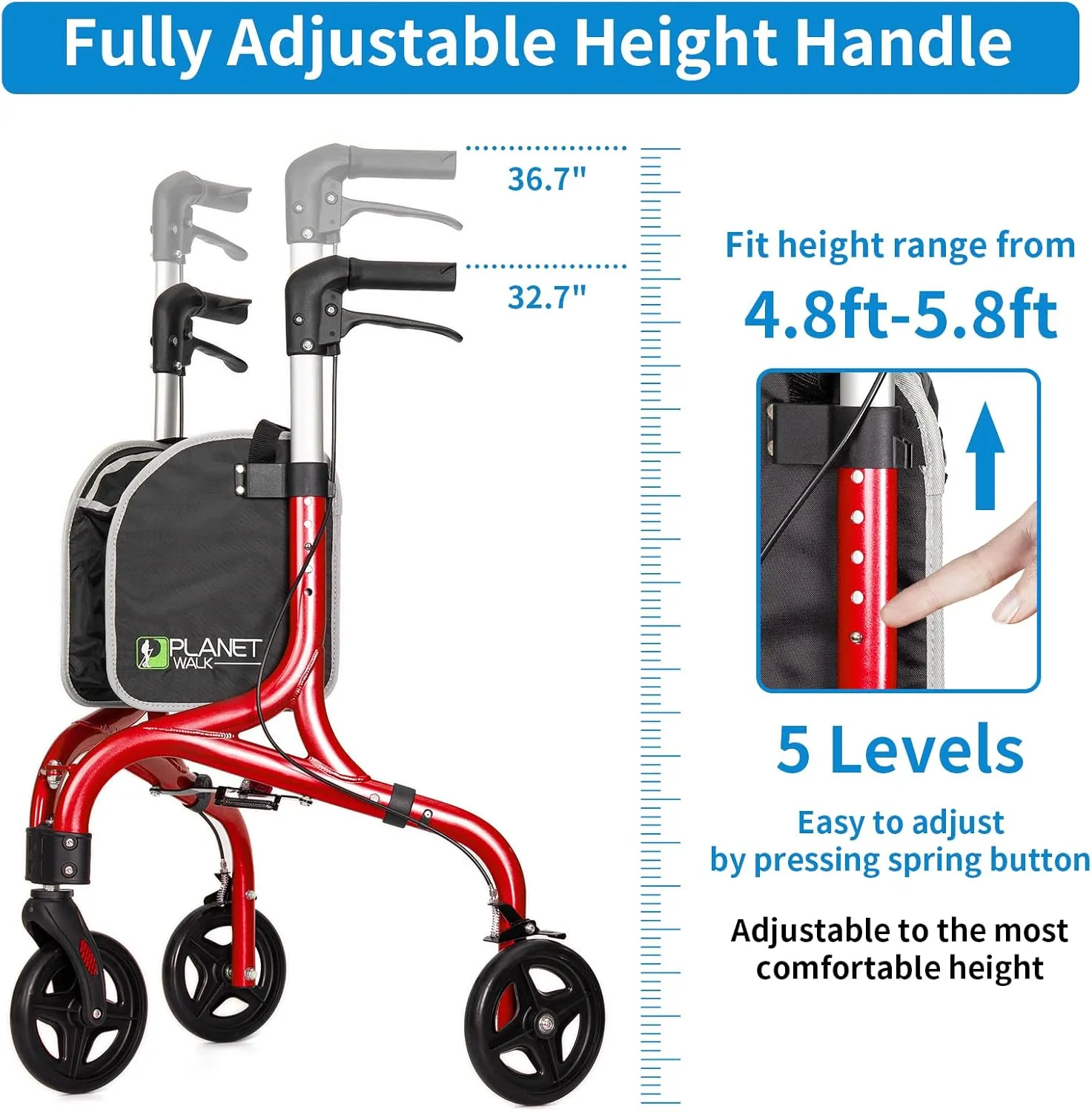 Planetwalk Premium 3 Wheel Rollator Walker for Seniors - Ultra Lightweight Foldable Walker for Elderly, Aluminum Three Wheel Mobility Aid, Brilliant Red
