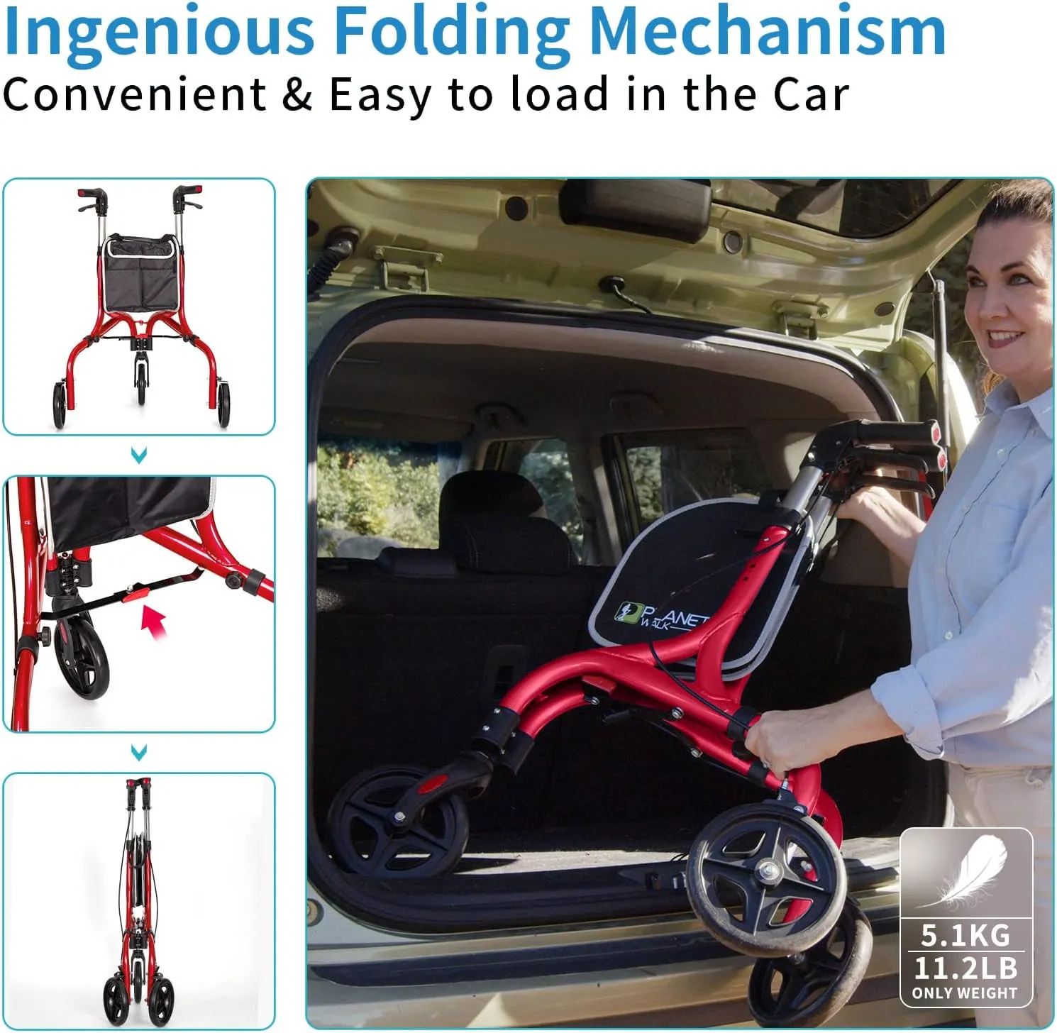 Planetwalk Premium 3 Wheel Rollator Walker for Seniors - Ultra Lightweight Foldable Walker for Elderly, Aluminum Three Wheel Mobility Aid, Brilliant Red