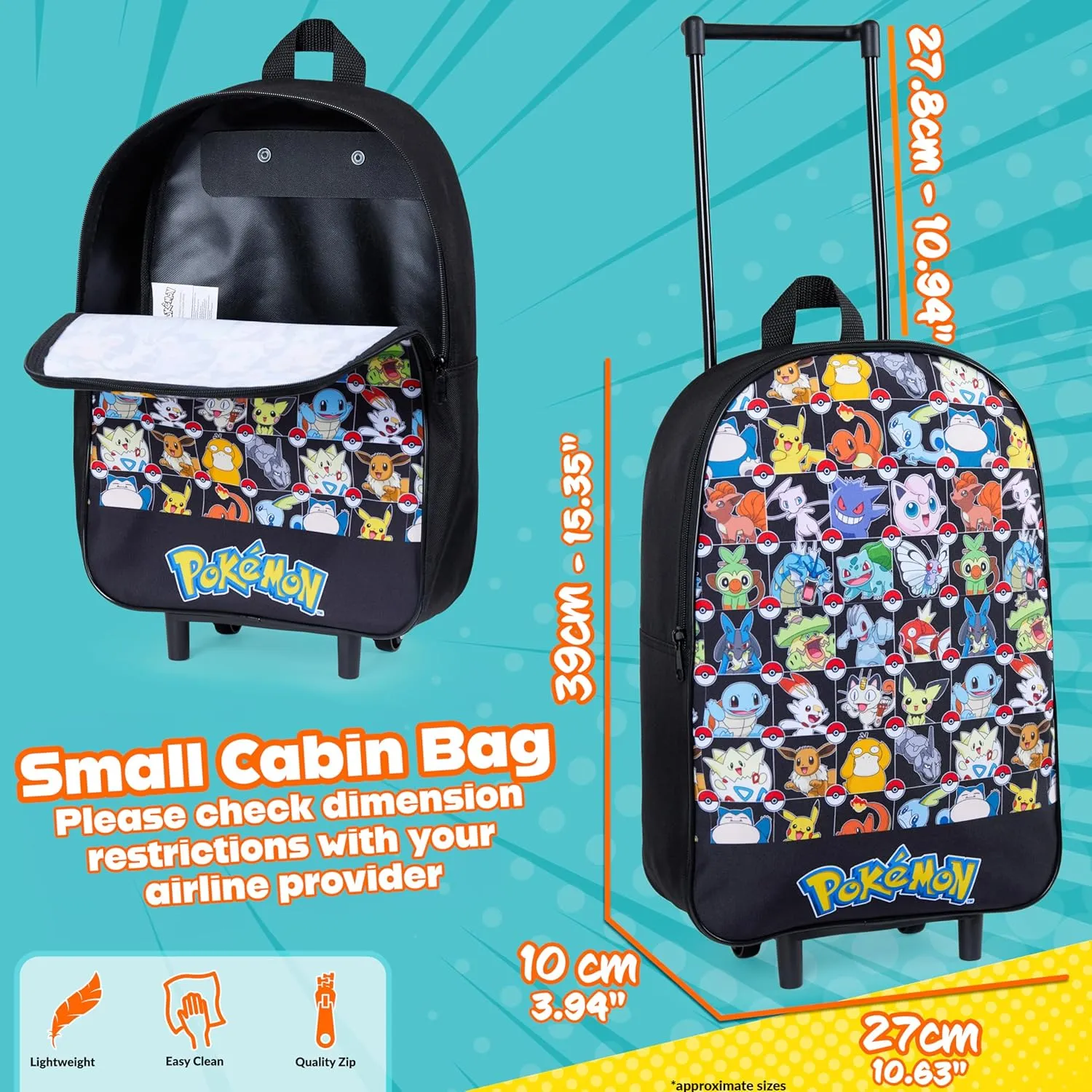 Pokemon Kids Foldable Trolley Suitcase 15”, 10.5 Litres 2 Wheels Black (S/15inch -10.5L, Black Aop)