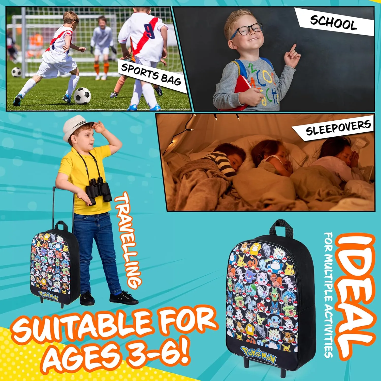 Pokemon Kids Foldable Trolley Suitcase 15”, 10.5 Litres 2 Wheels Black (S/15inch -10.5L, Black Aop)