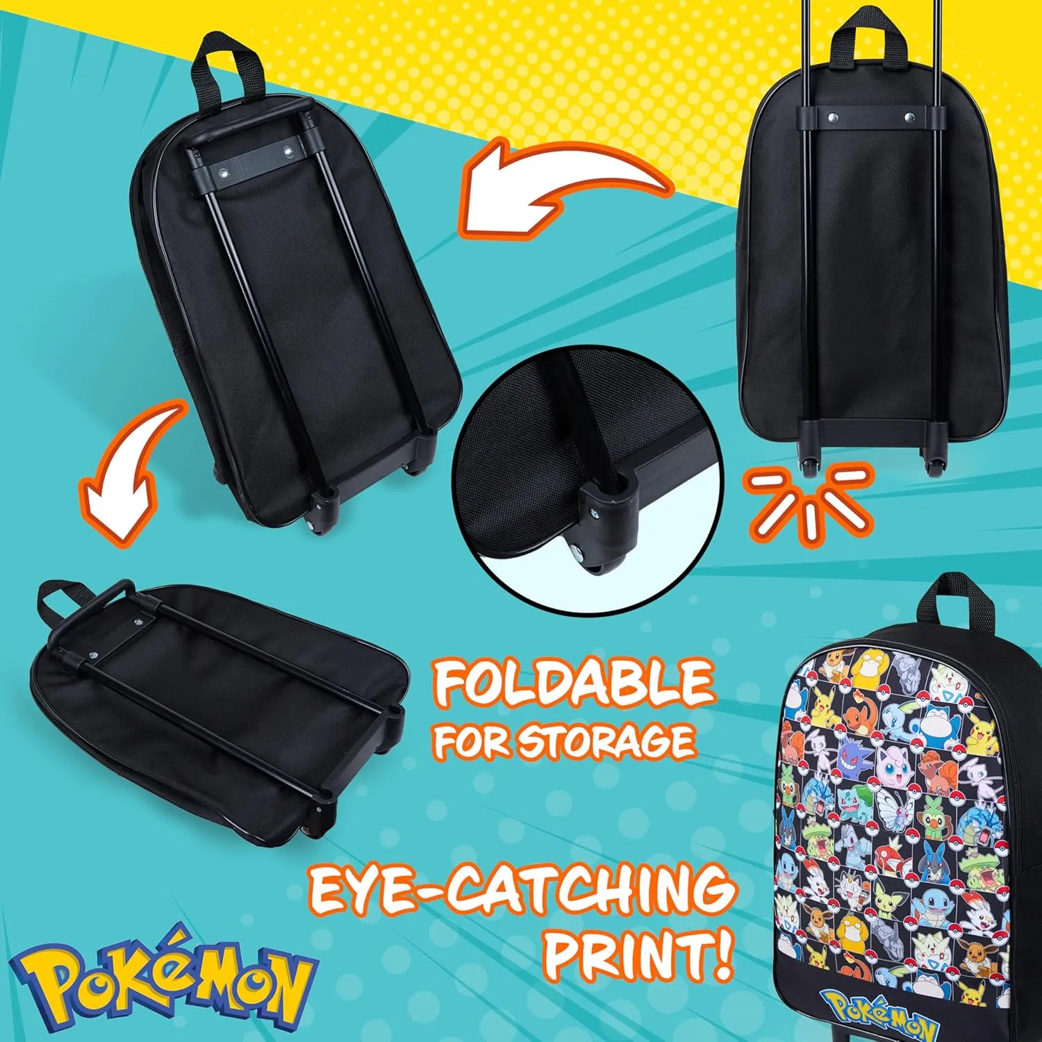 Pokemon Kids Foldable Trolley Suitcase 15”, 10.5 Litres 2 Wheels Black (S/15inch -10.5L, Black Aop)