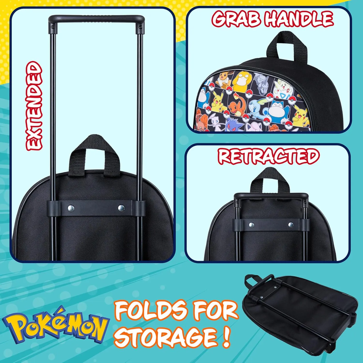 Pokemon Kids Foldable Trolley Suitcase 15”, 10.5 Litres 2 Wheels Black (S/15inch -10.5L, Black Aop)