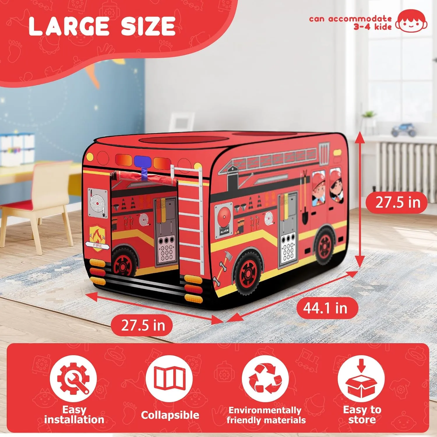 Pop Up Play Tent for Kids - Foldable Indoor & Outdoor Playhouse Vehicle Toys for Toddlers, Boys and Girls - 2 Openings, Flat-Folding for Compact Storage(Fire Truck,Red)