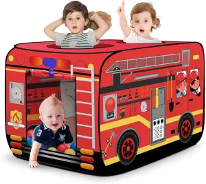 Pop Up Play Tent for Kids - Foldable Indoor & Outdoor Playhouse Vehicle Toys for Toddlers, Boys and Girls - 2 Openings, Flat-Folding for Compact Storage(Fire Truck,Red)