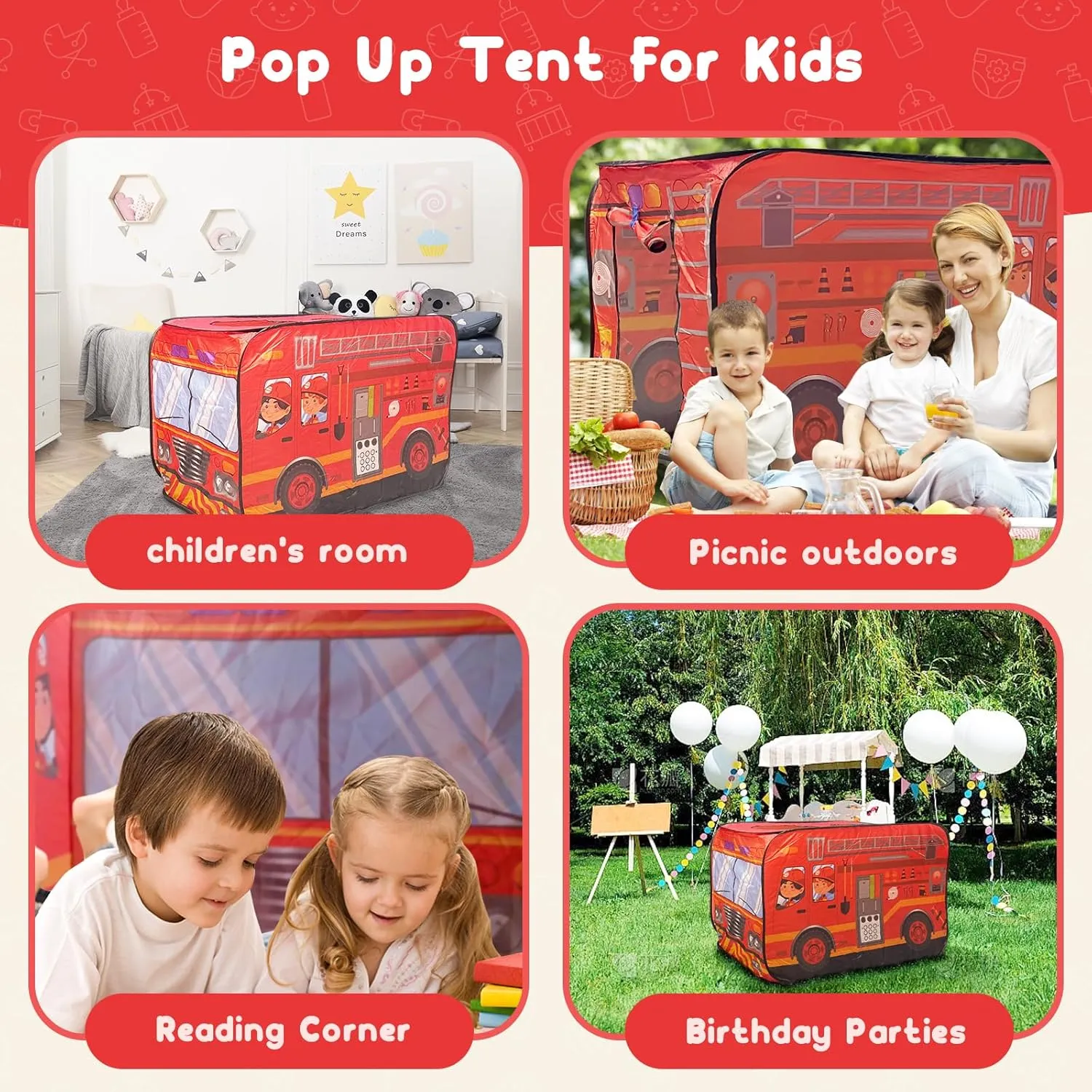 Pop Up Play Tent for Kids - Foldable Indoor & Outdoor Playhouse Vehicle Toys for Toddlers, Boys and Girls - 2 Openings, Flat-Folding for Compact Storage(Fire Truck,Red)