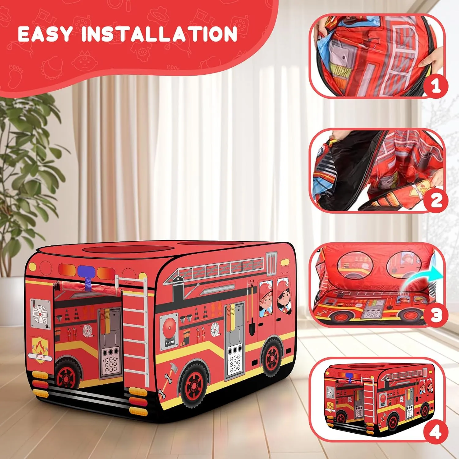 Pop Up Play Tent for Kids - Foldable Indoor & Outdoor Playhouse Vehicle Toys for Toddlers, Boys and Girls - 2 Openings, Flat-Folding for Compact Storage(Fire Truck,Red)