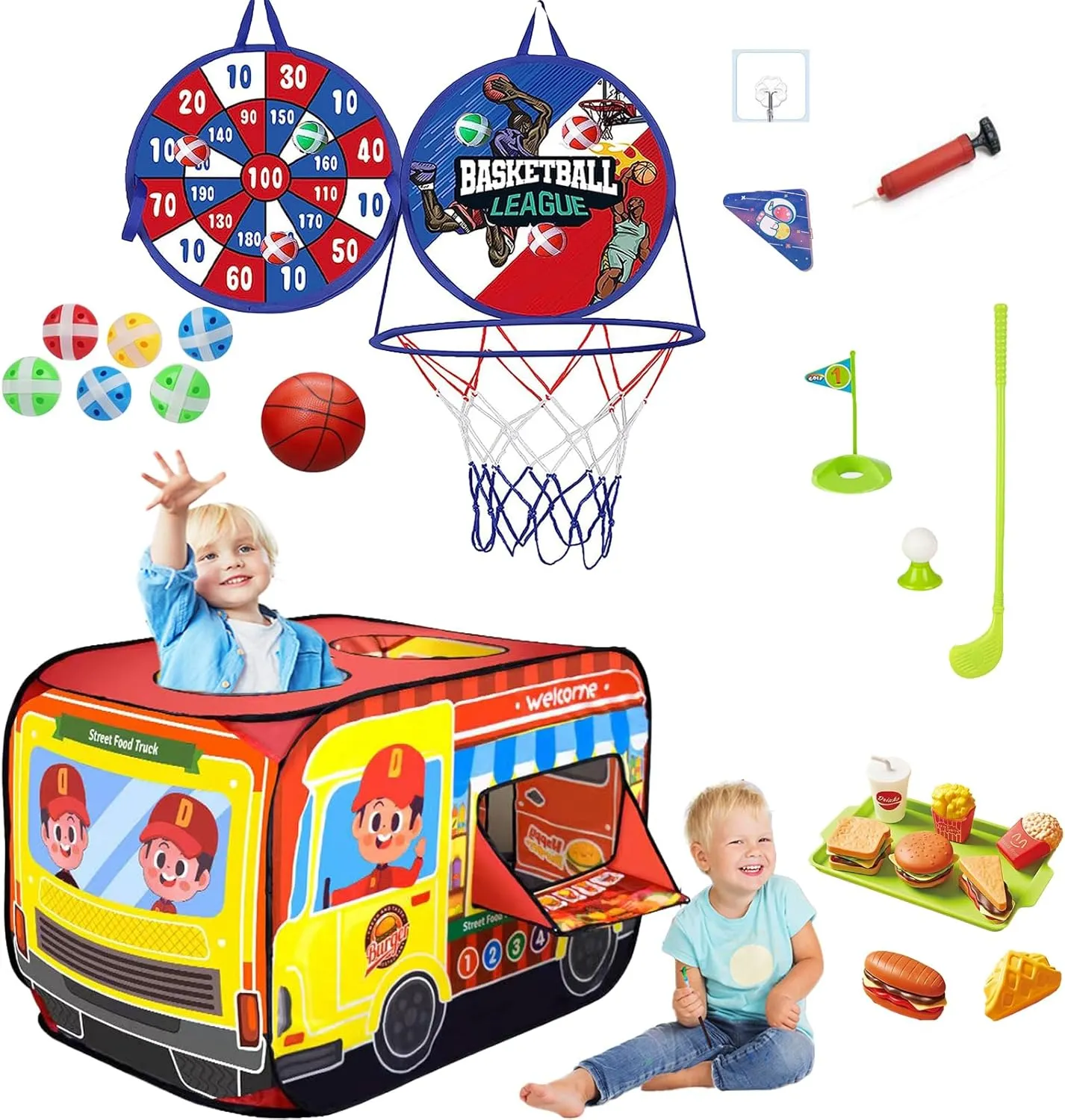 Pop Up Tents for Kids 3-5, Indoor Playhouse for Toddler with Golf, Dart, Basketball Hoop, Tiny Hamburg Playset, Foldable Tent for Toddlers, Boys and Girls, Flat-Folding Hamburg Car Play Tent