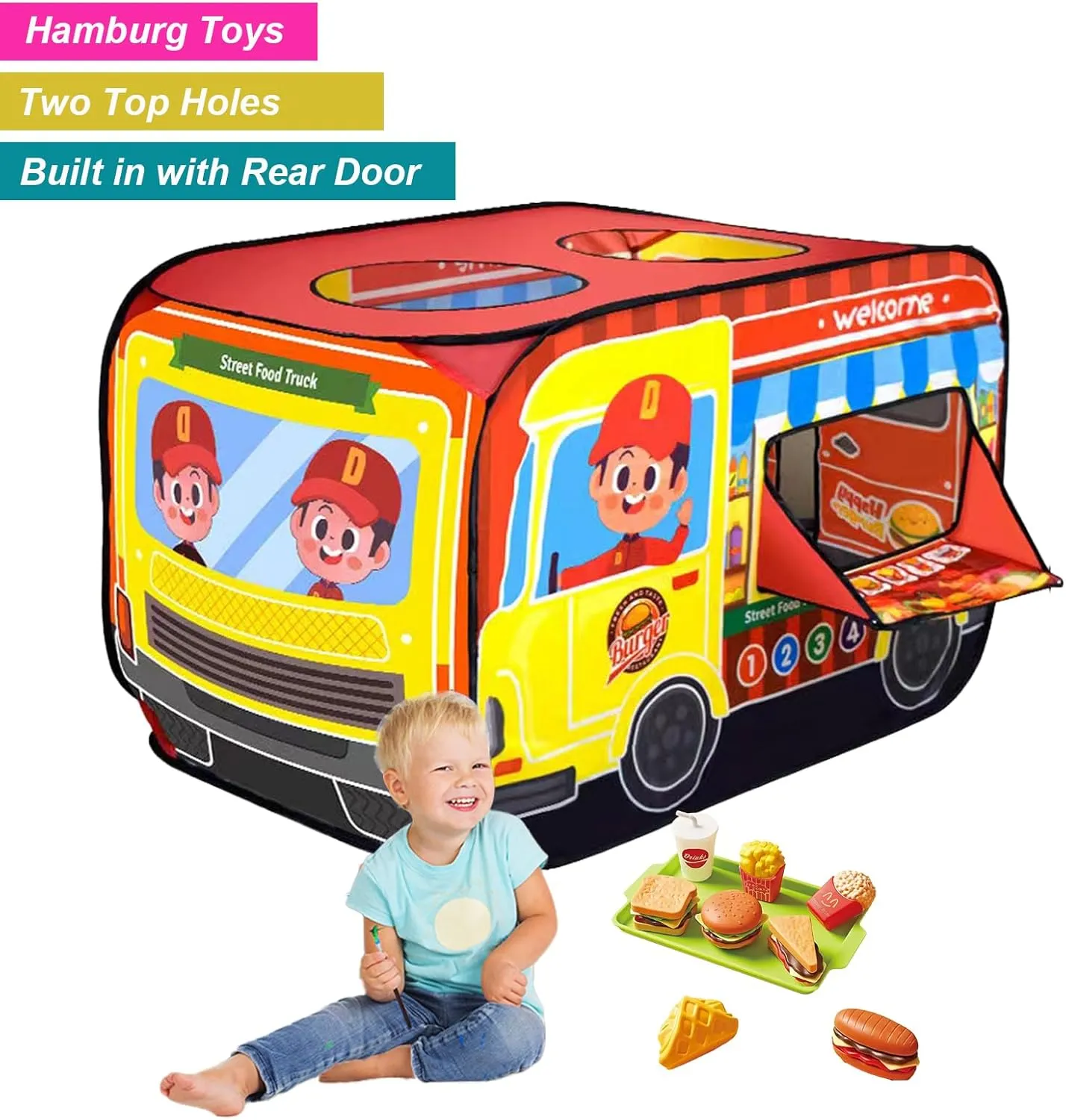 Pop Up Tents for Kids 3-5, Indoor Playhouse for Toddler with Golf, Dart, Basketball Hoop, Tiny Hamburg Playset, Foldable Tent for Toddlers, Boys and Girls, Flat-Folding Hamburg Car Play Tent