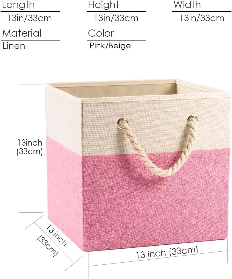 PRANDOM Large Foldable Cube Storage Bins 13x13 inch [4-Pack] Fabric Linen Storage Baskets Cubes Drawer with Cotton Handles Organizer for Shelves Nursery Closet Bedroom Pink