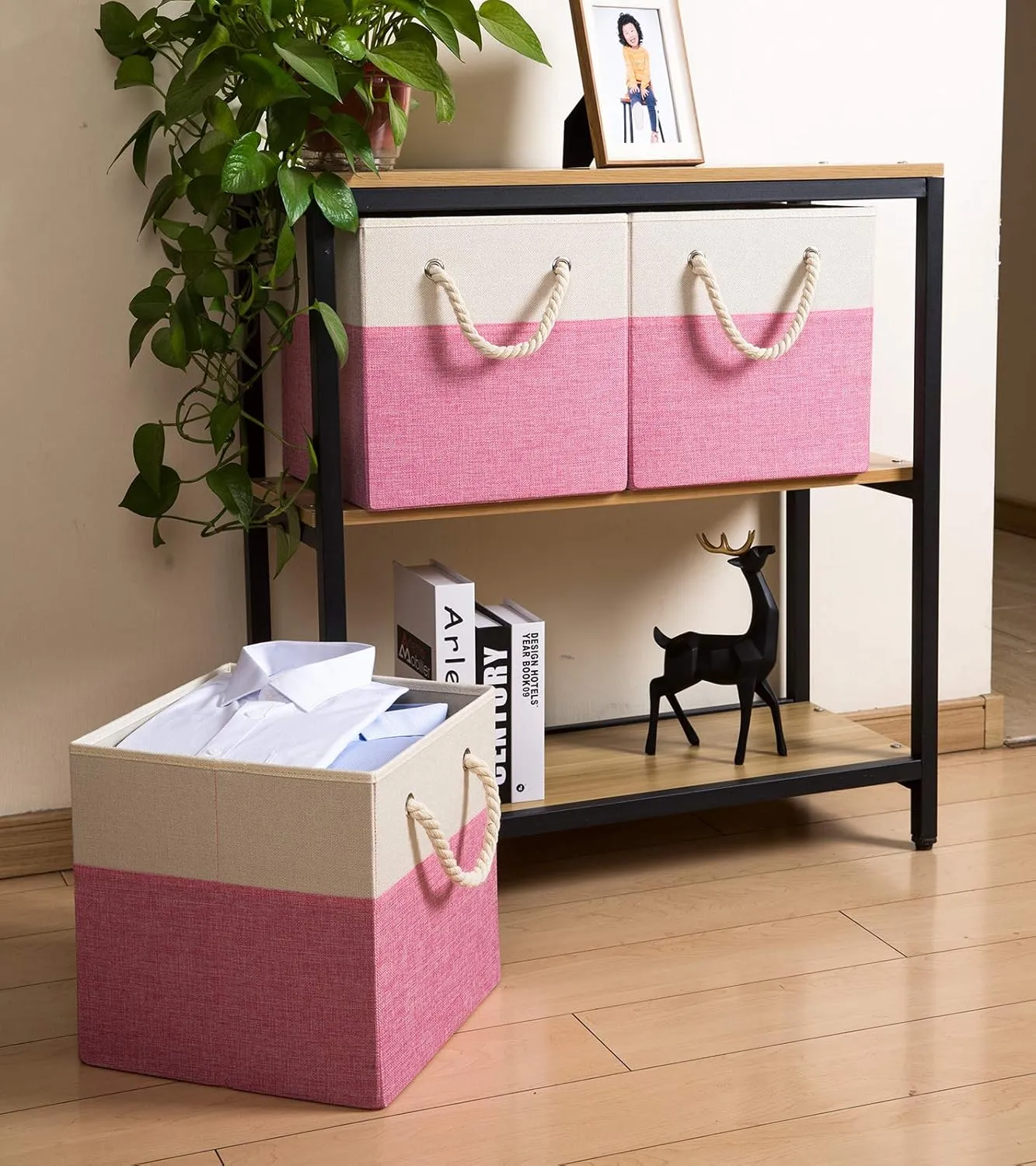 PRANDOM Large Foldable Cube Storage Bins 13x13 inch [4-Pack] Fabric Linen Storage Baskets Cubes Drawer with Cotton Handles Organizer for Shelves Nursery Closet Bedroom Pink