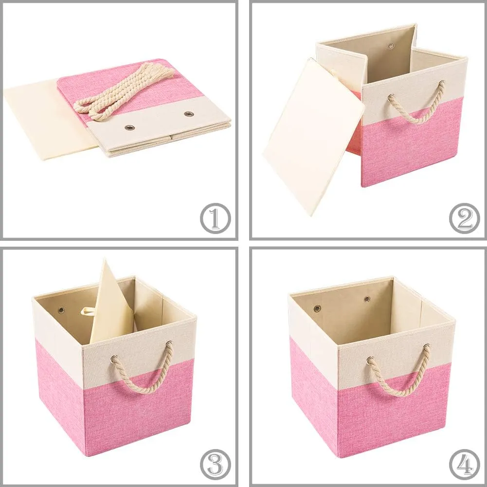 PRANDOM Large Foldable Cube Storage Bins 13x13 inch [4-Pack] Fabric Linen Storage Baskets Cubes Drawer with Cotton Handles Organizer for Shelves Nursery Closet Bedroom Pink