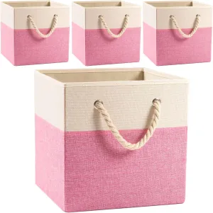 PRANDOM Large Foldable Cube Storage Bins 13x13 inch [4-Pack] Fabric Linen Storage Baskets Cubes Drawer with Cotton Handles Organizer for Shelves Nursery Closet Bedroom Pink