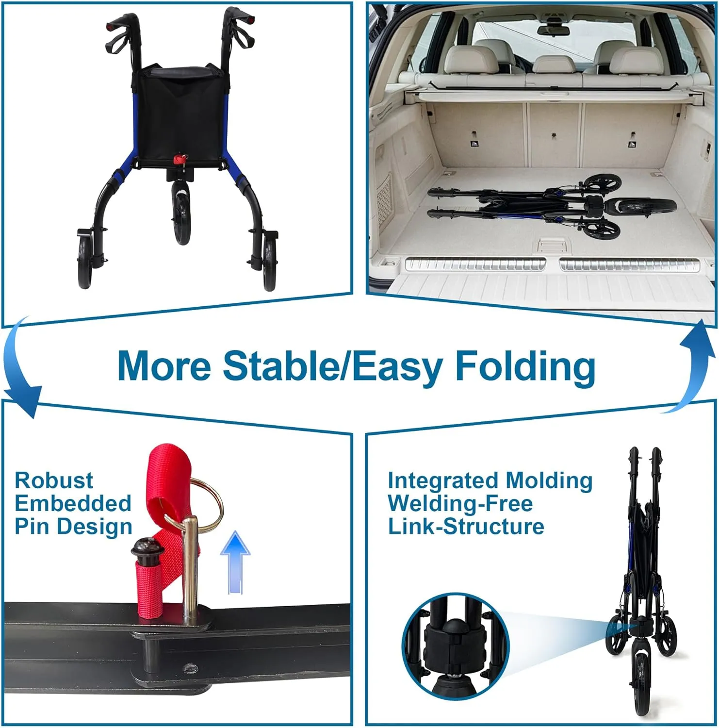 Premium 3 Wheel Rollator Walker for Seniors, Lightweight Foldable Elderly Three Wheeled Rollator with Storage Bag, Aluminum Mobility Aid Rolling Walker (Black & Blue)