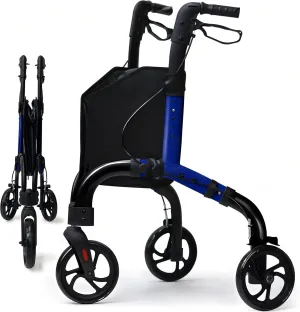 Premium 3 Wheel Rollator Walker for Seniors, Lightweight Foldable Elderly Three Wheeled Rollator with Storage Bag, Aluminum Mobility Aid Rolling Walker (Black & Blue)