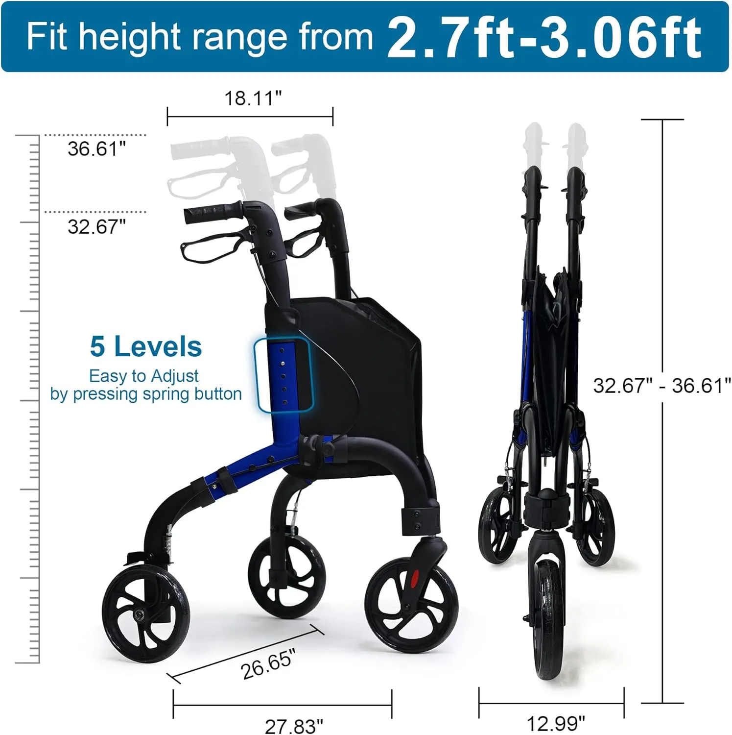 Premium 3 Wheel Rollator Walker for Seniors, Lightweight Foldable Elderly Three Wheeled Rollator with Storage Bag, Aluminum Mobility Aid Rolling Walker (Black & Blue)