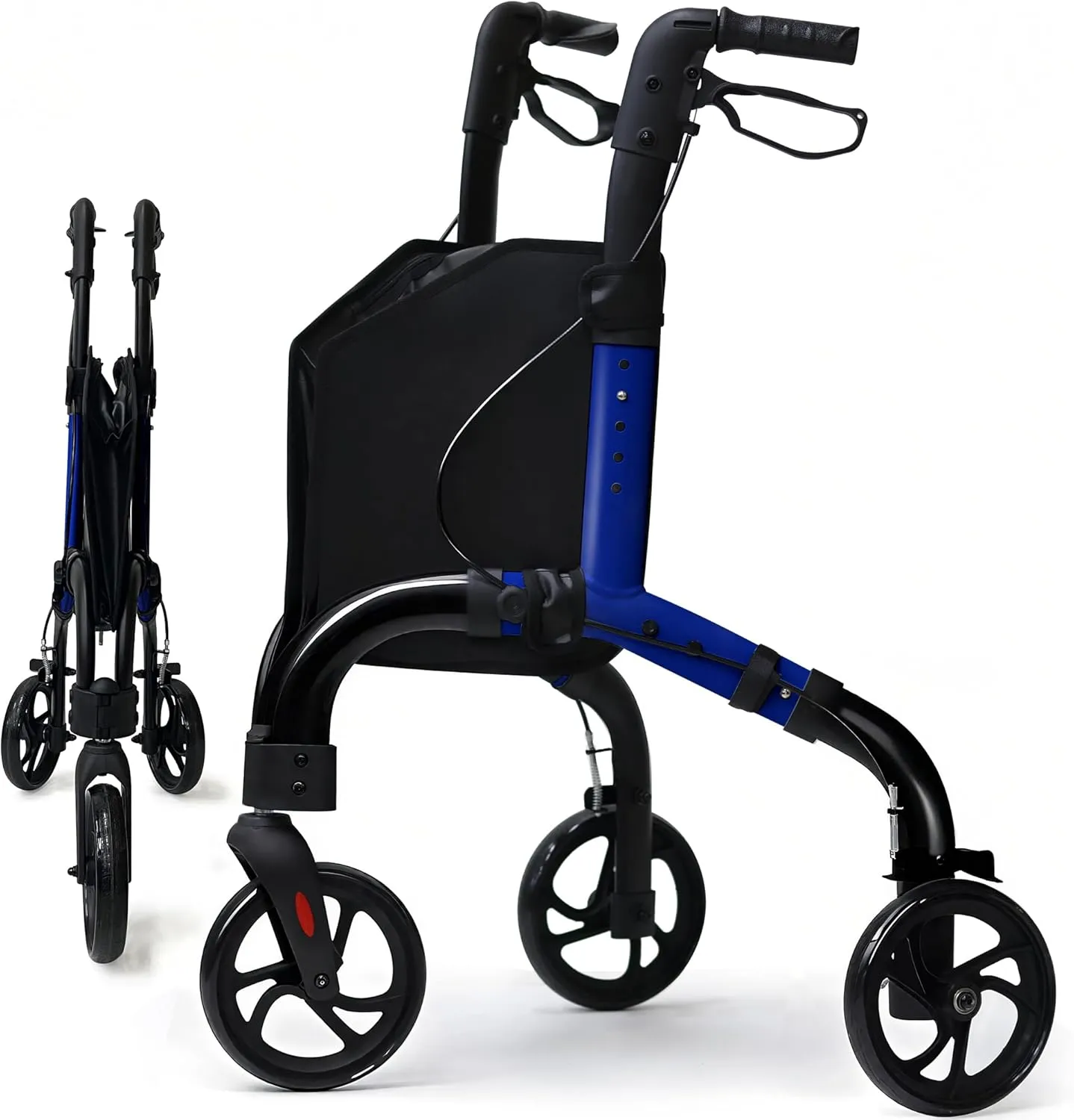 Premium 3 Wheel Rollator Walker for Seniors, Lightweight Foldable Elderly Three Wheeled Rollator with Storage Bag, Aluminum Mobility Aid Rolling Walker (Black & Blue)
