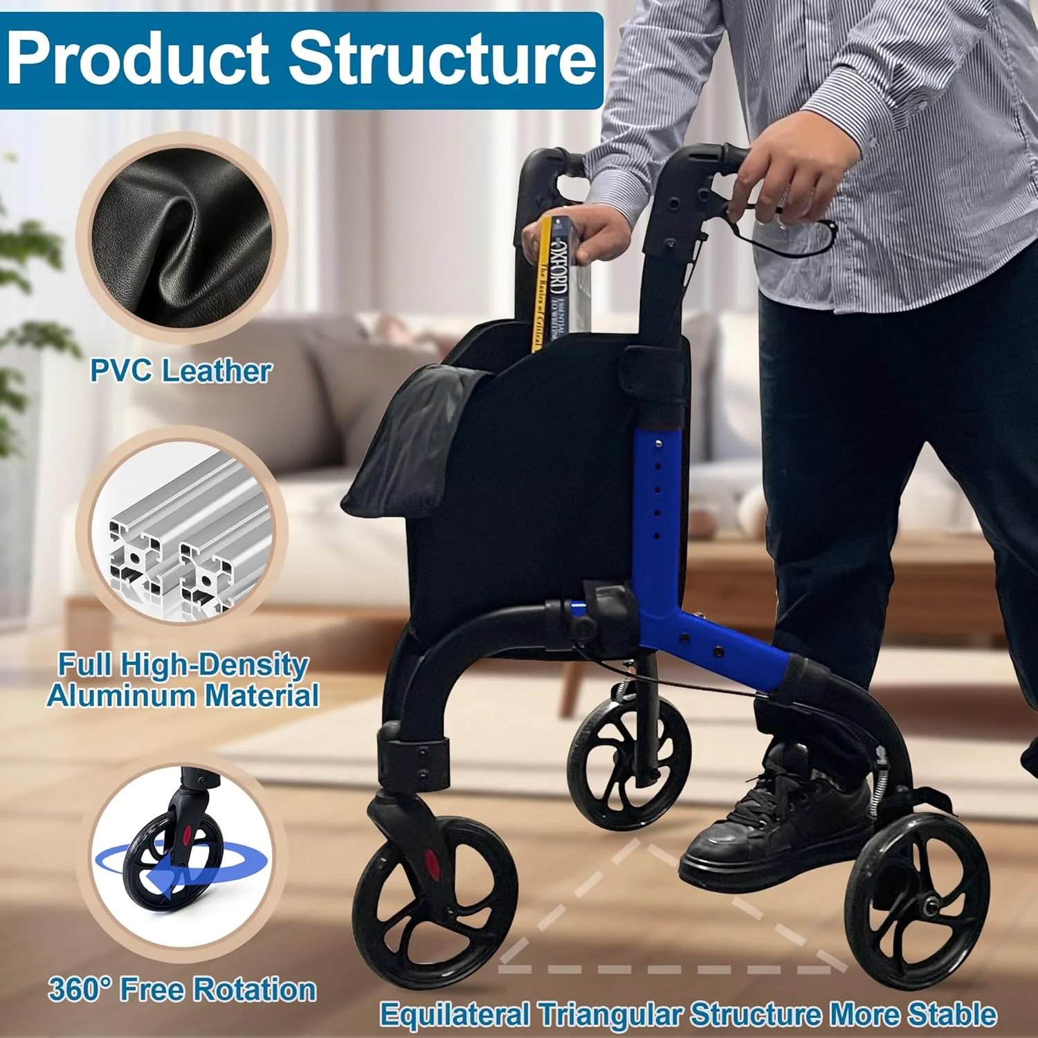 Premium 3 Wheel Rollator Walker for Seniors, Lightweight Foldable Elderly Three Wheeled Rollator with Storage Bag, Aluminum Mobility Aid Rolling Walker (Black & Blue)
