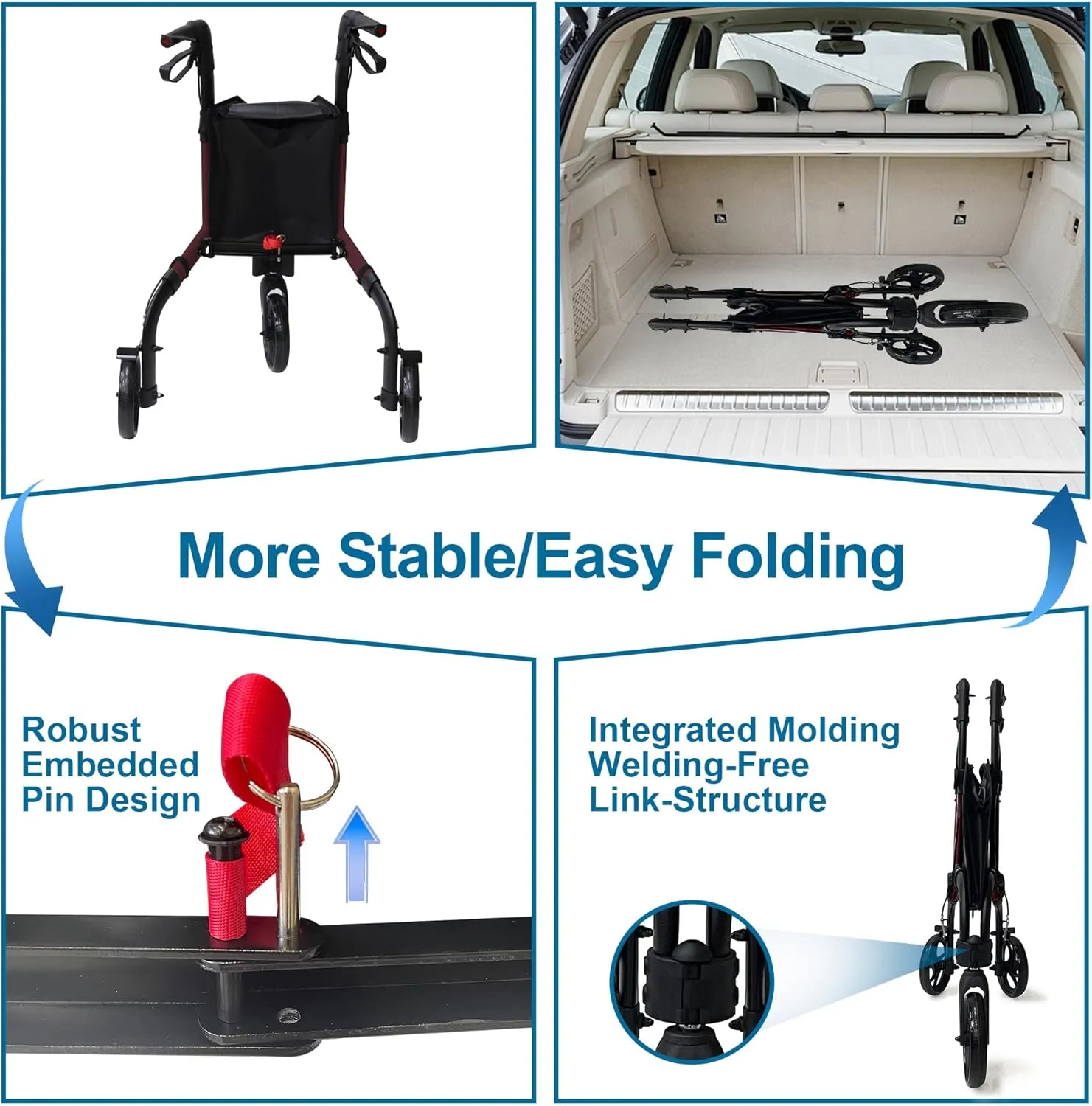 Premium 3 Wheel Rollator Walker for Seniors, Lightweight Foldable Elderly Three Wheeled Rollator with Storage Bag, Aluminum Mobility Aid Rolling Walker (Black & Red)