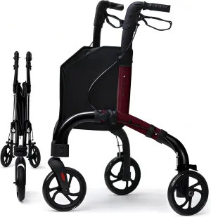 Premium 3 Wheel Rollator Walker for Seniors, Lightweight Foldable Elderly Three Wheeled Rollator with Storage Bag, Aluminum Mobility Aid Rolling Walker (Black & Red)
