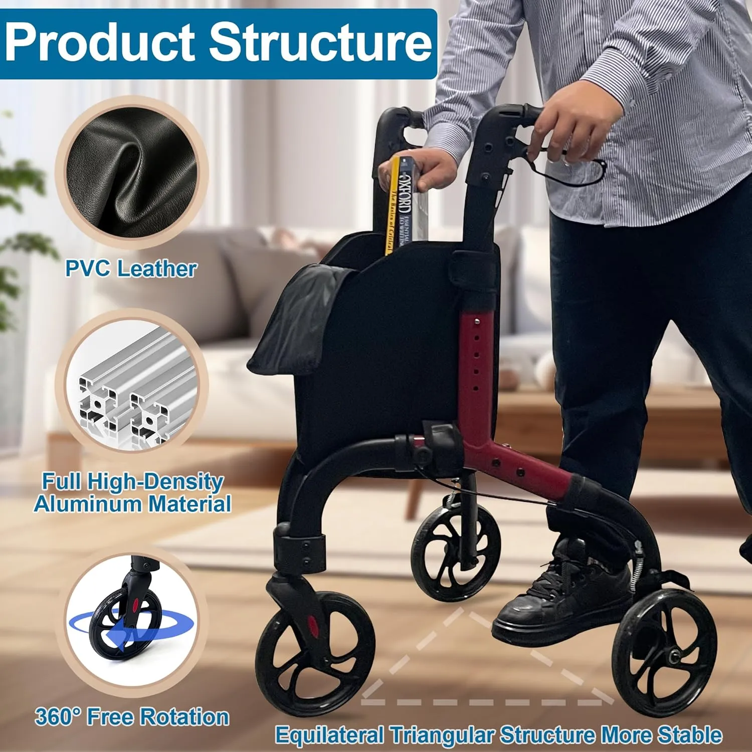 Premium 3 Wheel Rollator Walker for Seniors, Lightweight Foldable Elderly Three Wheeled Rollator with Storage Bag, Aluminum Mobility Aid Rolling Walker (Black & Red)