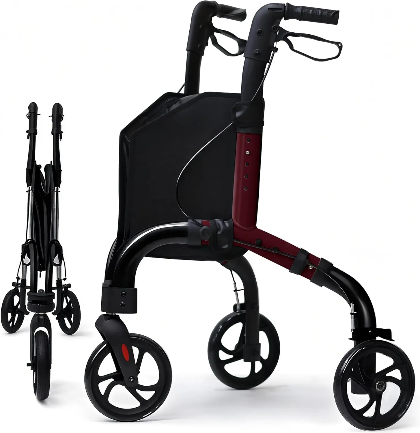 Premium 3 Wheel Rollator Walker for Seniors, Lightweight Foldable Elderly Three Wheeled Rollator with Storage Bag, Aluminum Mobility Aid Rolling Walker (Black & Red)