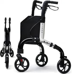 Premium 3 Wheel Rollator Walker for Seniors, Lightweight Foldable Elderly Three Wheeled Rollator with Storage Bag, Aluminum Mobility Aid Rolling Walker (Black & White)