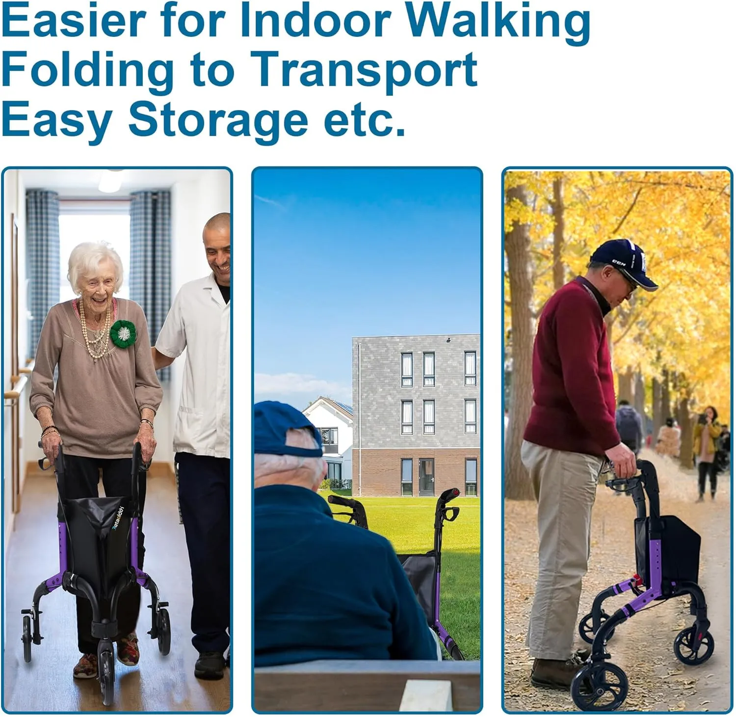 Premium 3 Wheel Rollator Walker for Seniors, Lightweight Foldable Elderly Three Wheeled Rollator with Storage Bag, Aluminum Mobility Aid Rolling Walker (Purple)