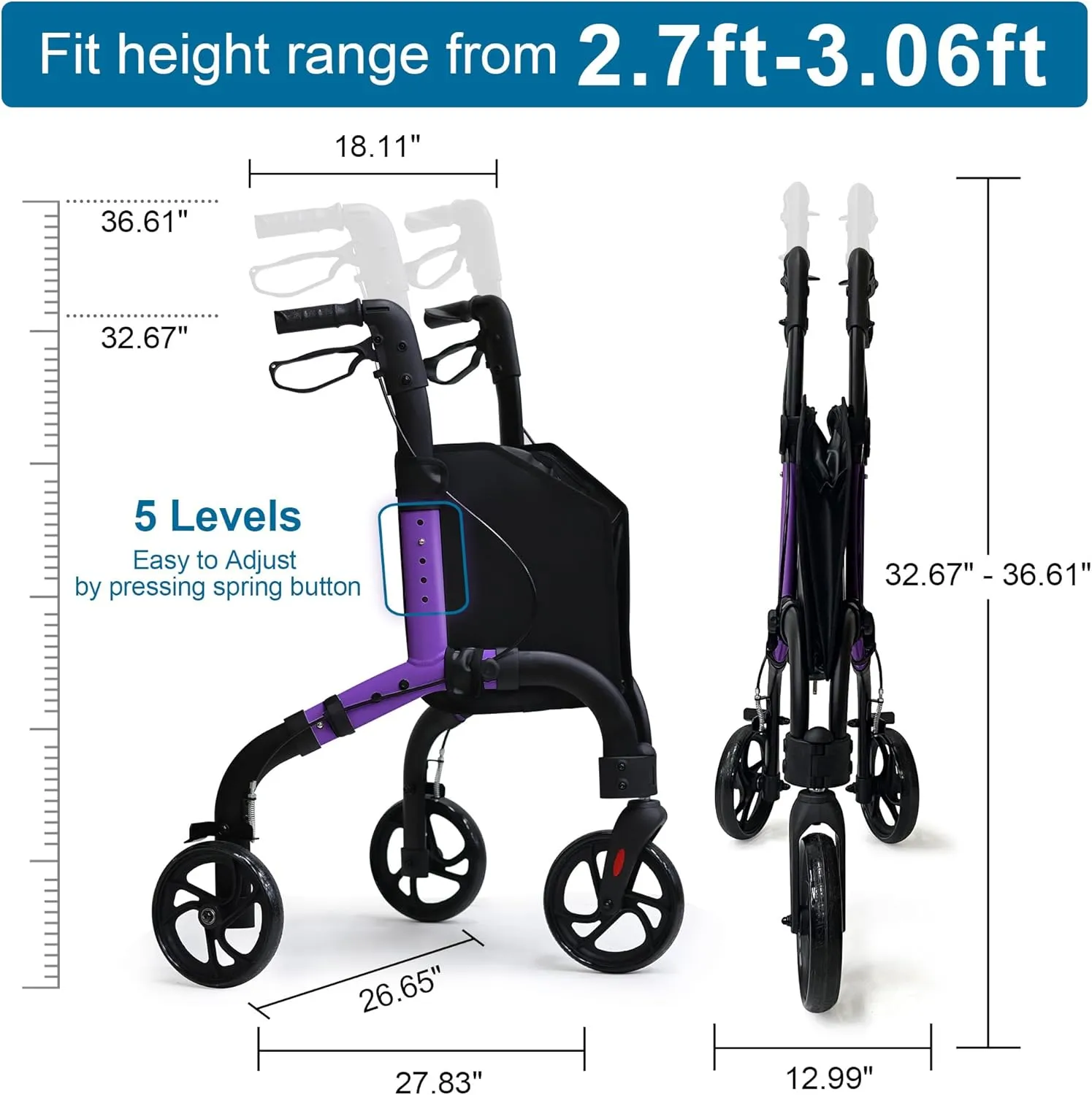 Premium 3 Wheel Rollator Walker for Seniors, Lightweight Foldable Elderly Three Wheeled Rollator with Storage Bag, Aluminum Mobility Aid Rolling Walker (Purple)