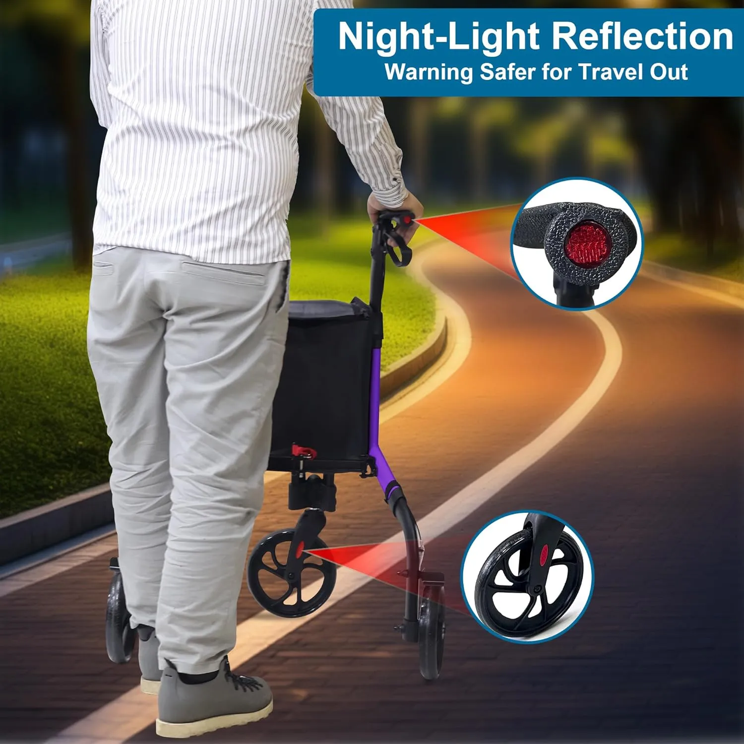 Premium 3 Wheel Rollator Walker for Seniors, Lightweight Foldable Elderly Three Wheeled Rollator with Storage Bag, Aluminum Mobility Aid Rolling Walker (Purple)